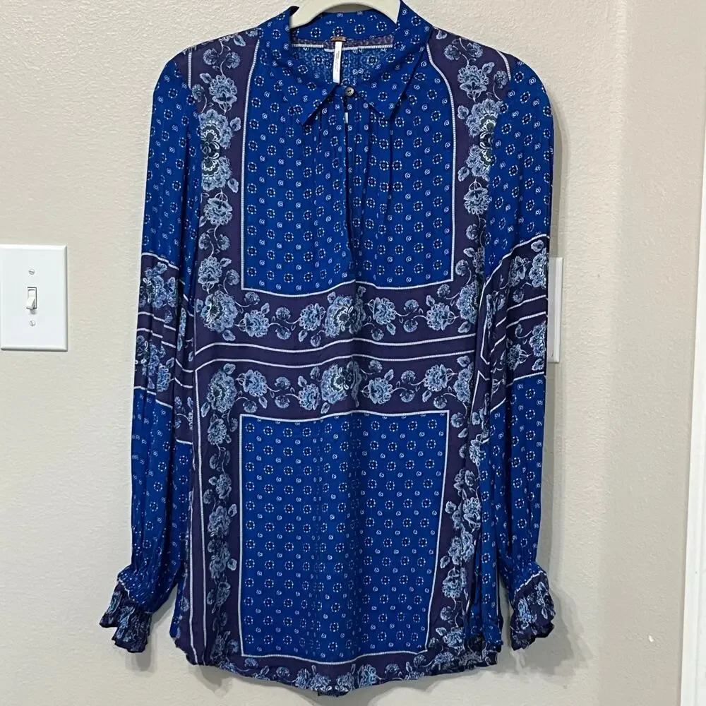 Free‎ People Women’s Top Sz XS Oversized Boho Gauzy Lightweight Soft Blue/Purple